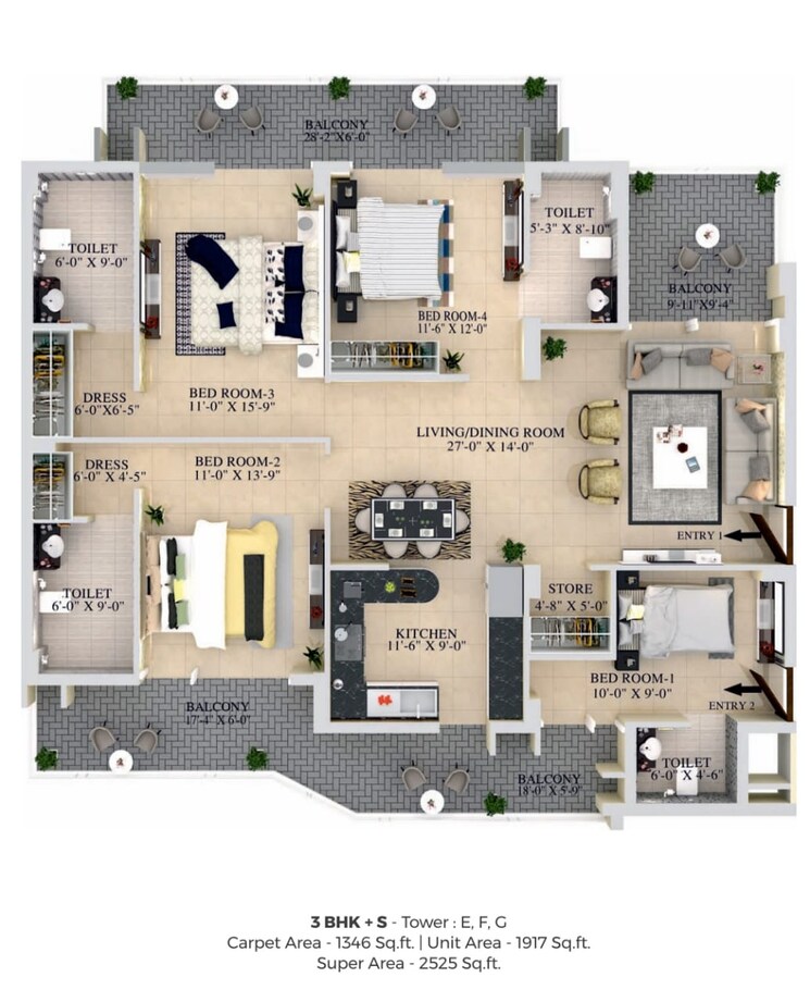Floor Plan, maya-green-lotus-saksham 3 Bedroom 1346 Sq.Ft. Apartment In International Airport Road Zirakpur 8818889