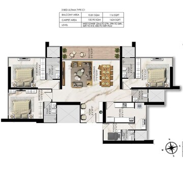 Floor Plan in 2 BHK Apartment at Prestige Jasdan Classic, Mahalaxmi – for Sale