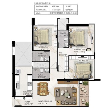 Floor Plan in 2 BHK Apartment at Prestige Jasdan Classic, Mahalaxmi – for Sale