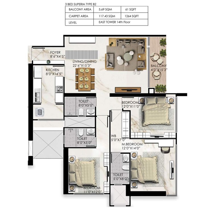 Floor Plan, prestige-jasdan-classic 3 Bedroom 1133 Sq.Ft. Apartment In Mahalaxmi Mumbai 8822300