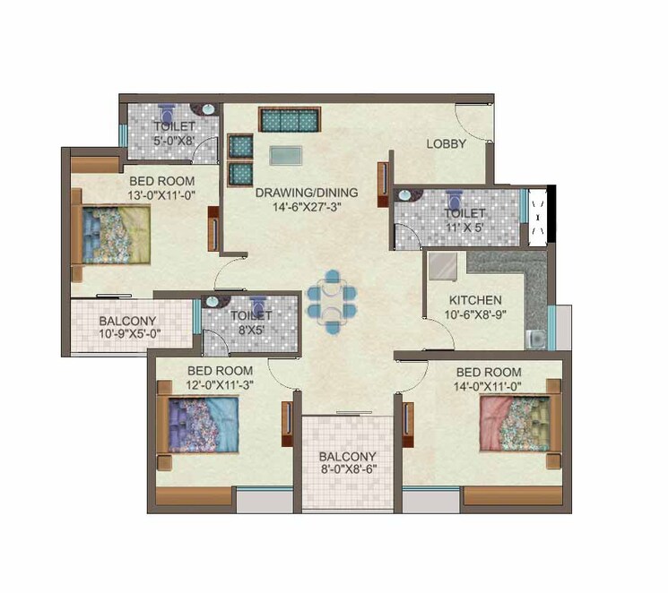 Floor Plan, nb-rail-view 3 Bedroom 1226 Sq.Ft. Apartment In Liluah Kolkata 8828512