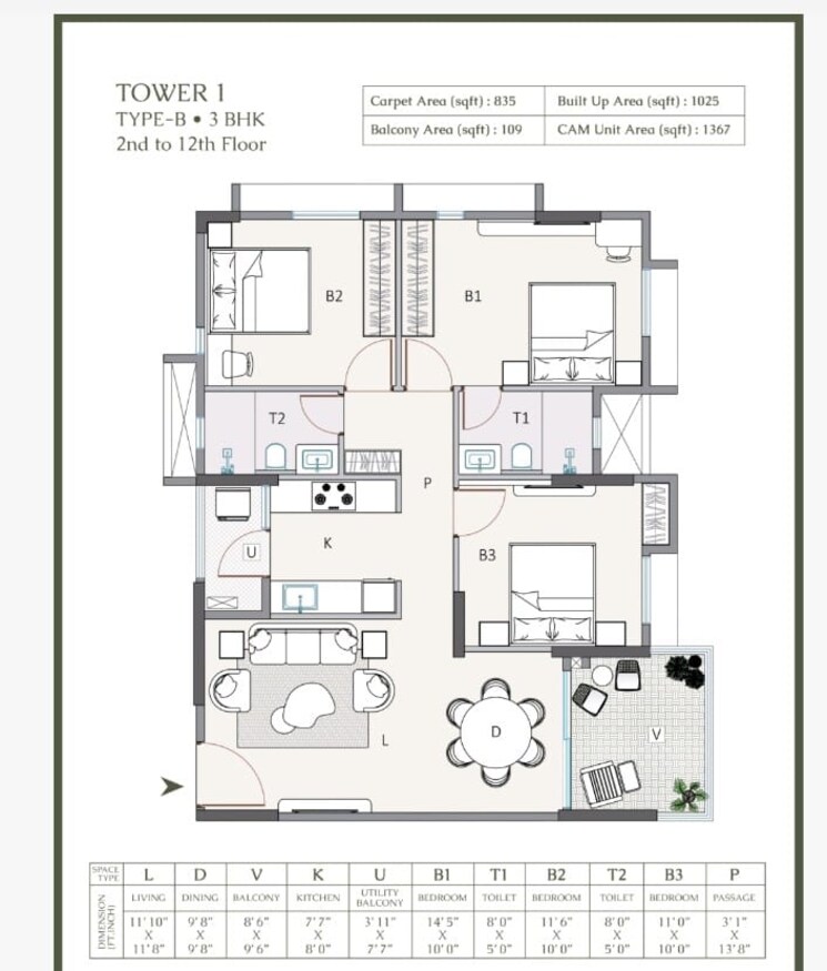 Floor Plan, rajarhat gopalpur 3 Bedroom 1367 Sq.Ft. Apartment In Rajarhat Gopalpur Kolkata 8829800