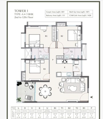 Floor Plan in 3 BHK Apartment at Rajarhat Gopalpur – for Sale