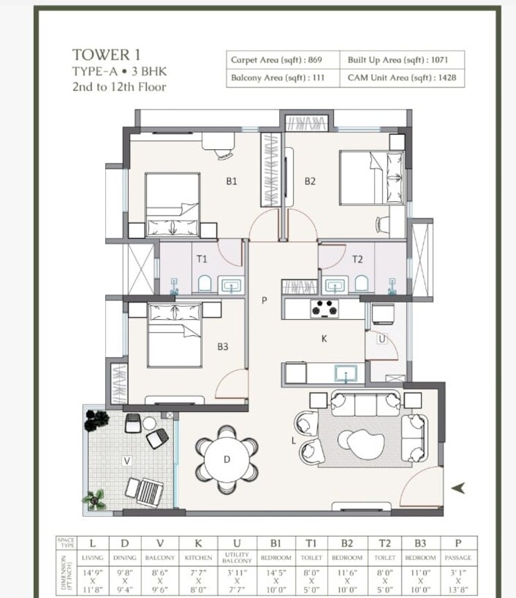 Floor Plan, rajarhat gopalpur 3 Bedroom 1428 Sq.Ft. Apartment In Rajarhat Gopalpur Kolkata 8829607