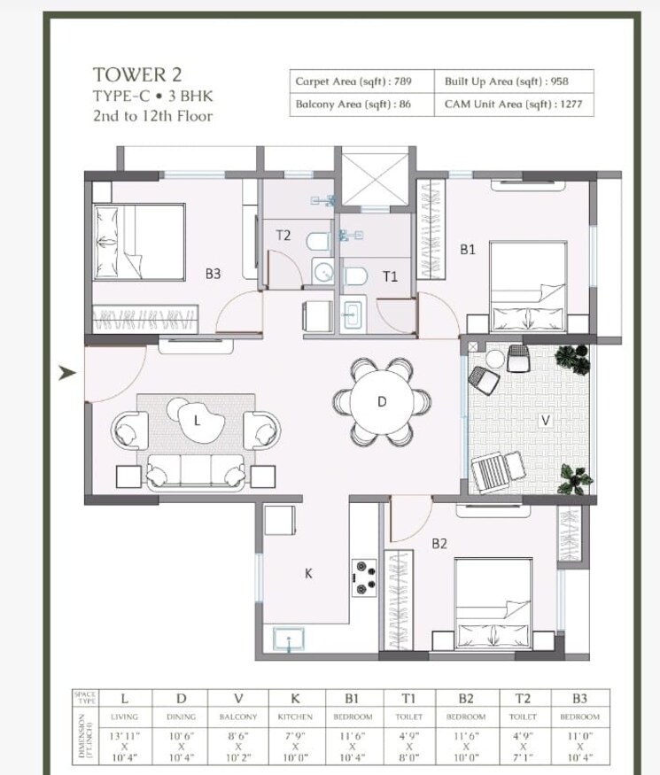 Floor Plan, rajarhat gopalpur 3 Bedroom 1278 Sq.Ft. Apartment In Rajarhat Gopalpur Kolkata 8830040