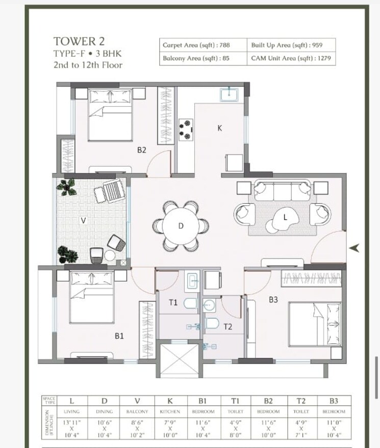 Floor Plan, rajarhat gopalpur 3 Bedroom 1279 Sq.Ft. Apartment In Rajarhat Gopalpur Kolkata 8830219