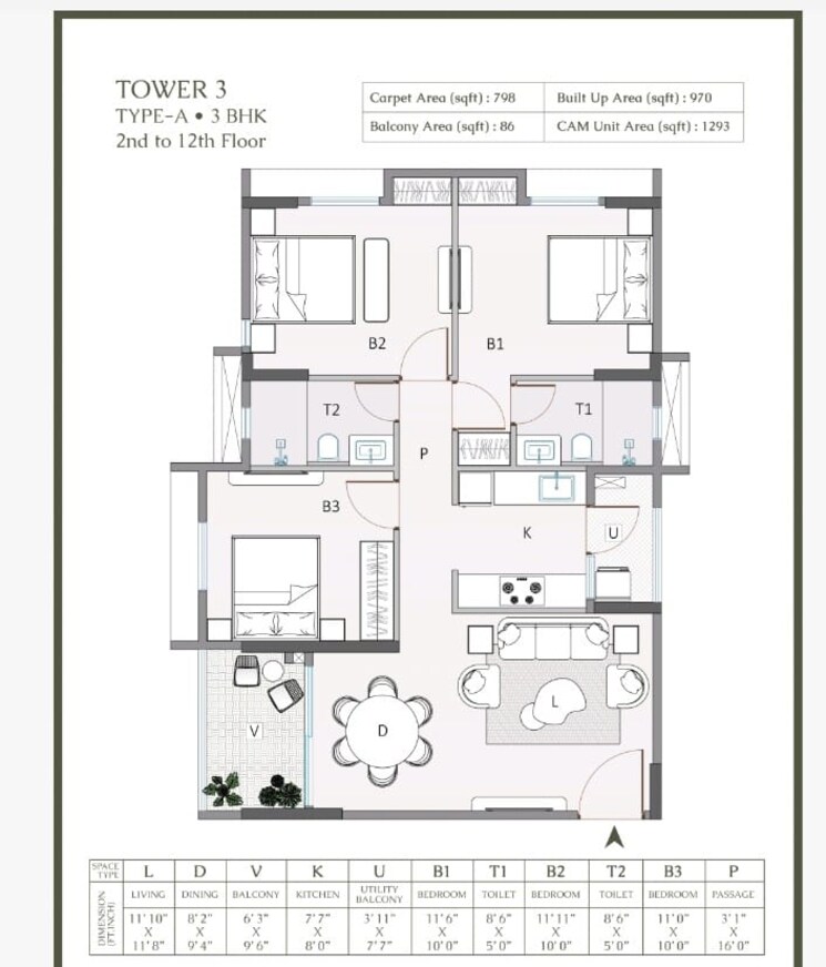 Floor Plan, rajarhat 3 Bedroom 1293 Sq.Ft. Apartment In Rajarhat Kolkata 8830371