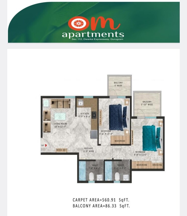 Floor Plan, pareena-om-apartments 2 Bedroom 664 Sq.Ft. Apartment In Sector 112 Gurgaon 8833434
