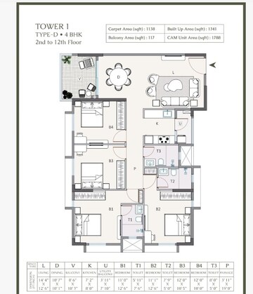 Floor Plan in 4 BHK Apartment at Rajarhat Gopalpur – for Sale