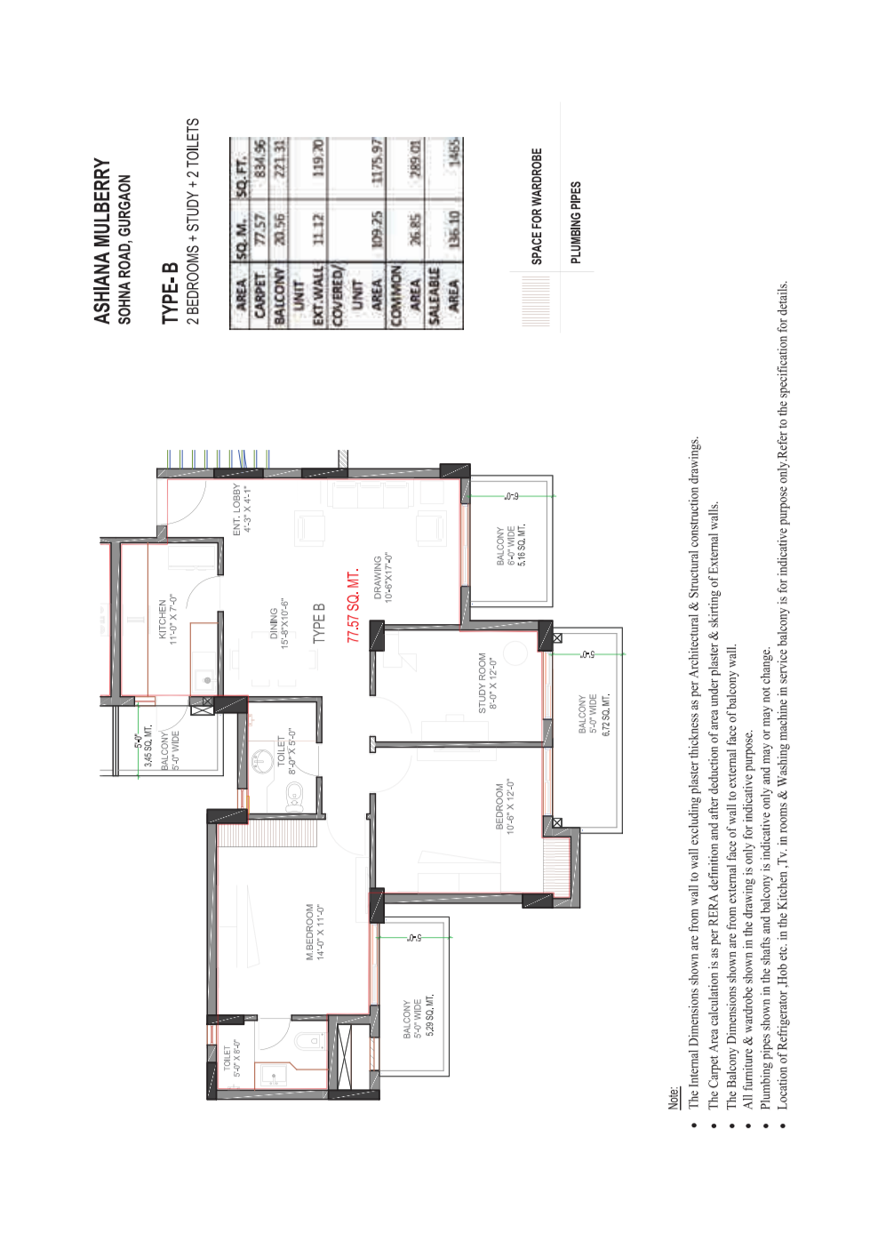 2.5 BHK + Study Room 1465 Sq.Ft. Apartment in Ashiana Mulberry