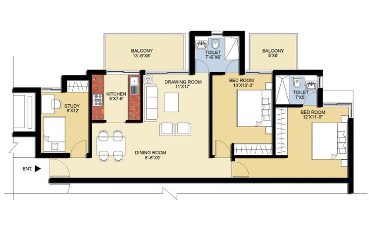 Floor Plan, puri-pratham 3 Bedroom 1400 Sq.Ft. Apartment In Sector 84 Faridabad 8842381