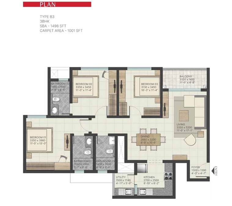 Floor Plan, sobha-manhattan-towers-town-park 3 Bedroom 1498 Sq.Ft. Apartment In Hosur Road Bangalore 8848555