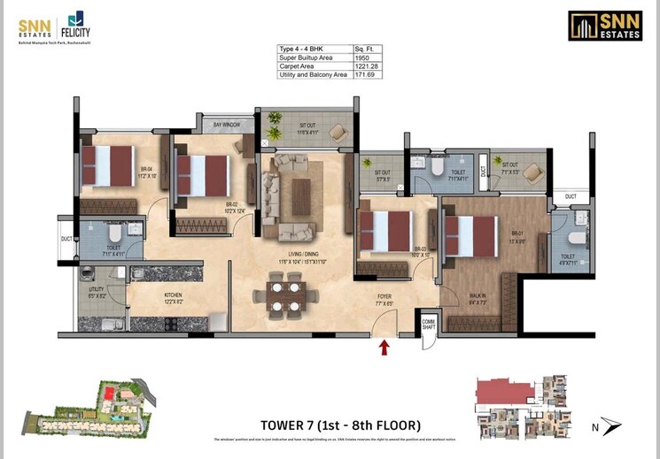Floor Plan, snn-felicity 4 Bedroom 1950 Sq.Ft. Apartment In Rachenahalli Bangalore 8851462