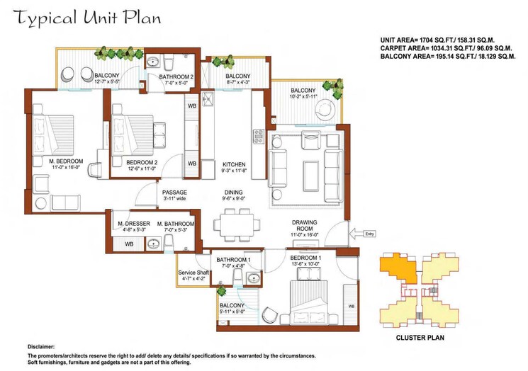 Floor Plan, tulip-yellow 3 Bedroom 1704 Sq.Ft. Apartment In Sector 69 Gurgaon 8852067