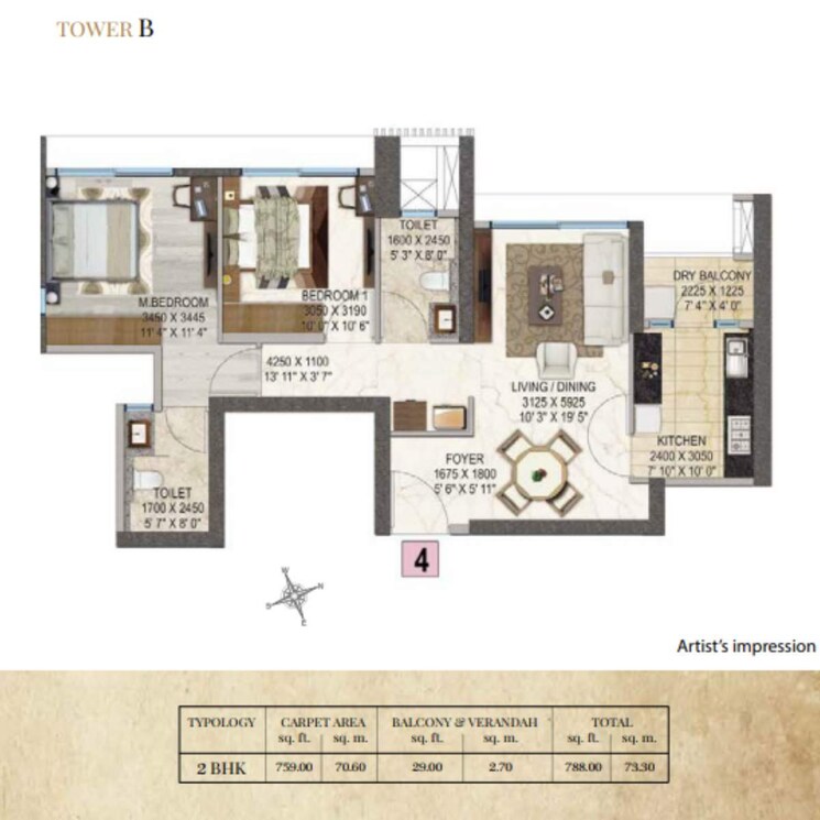 Floor Plan, peninsula-salsette-27 2 Bedroom 788 Sq.Ft. Apartment In Byculla Mumbai 8852960