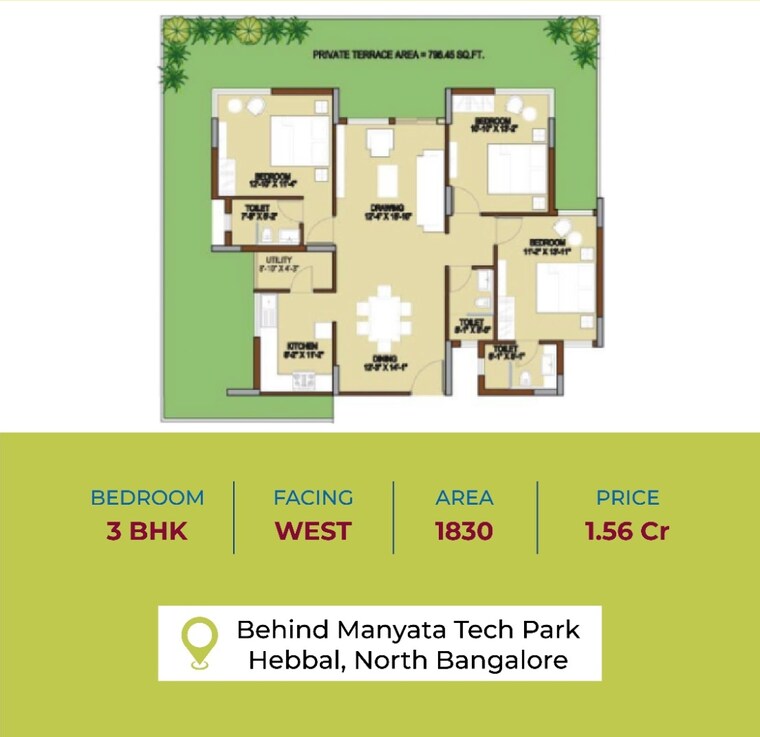 Floor Plan, unishire-terraza 3 Bedroom 1830 Sq.Ft. Apartment In Thanisandra Bangalore 8855905