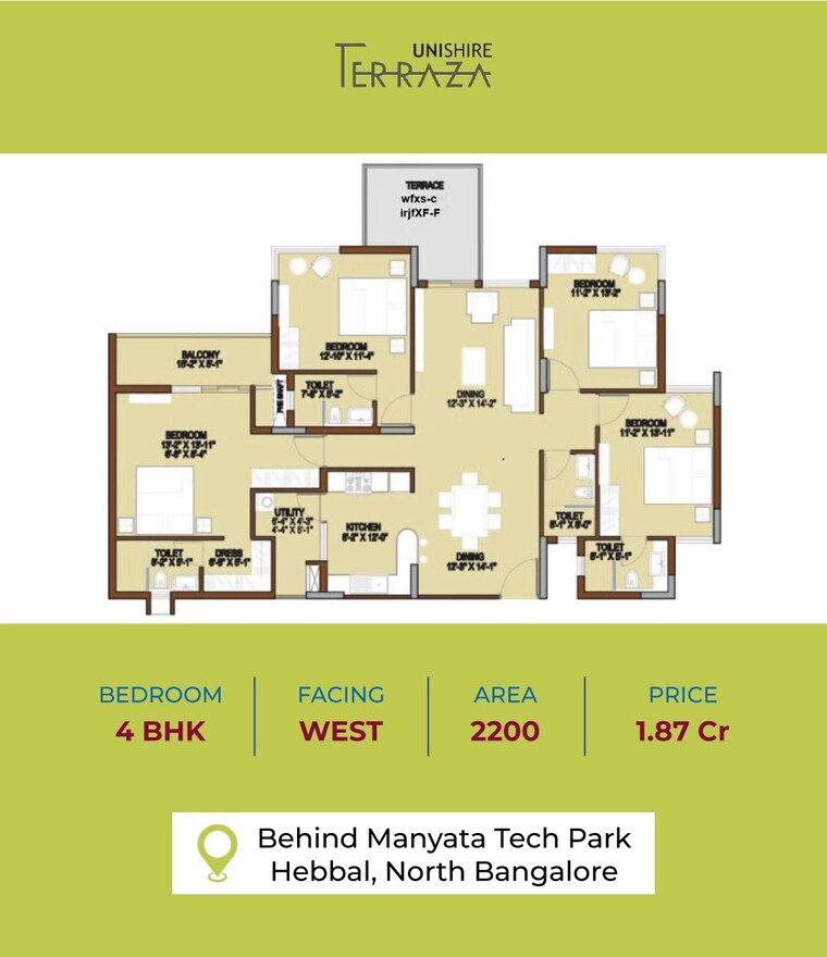 Floor Plan, unishire-terraza 4 Bedroom 2208 Sq.Ft. Apartment In Thanisandra Bangalore 8855966