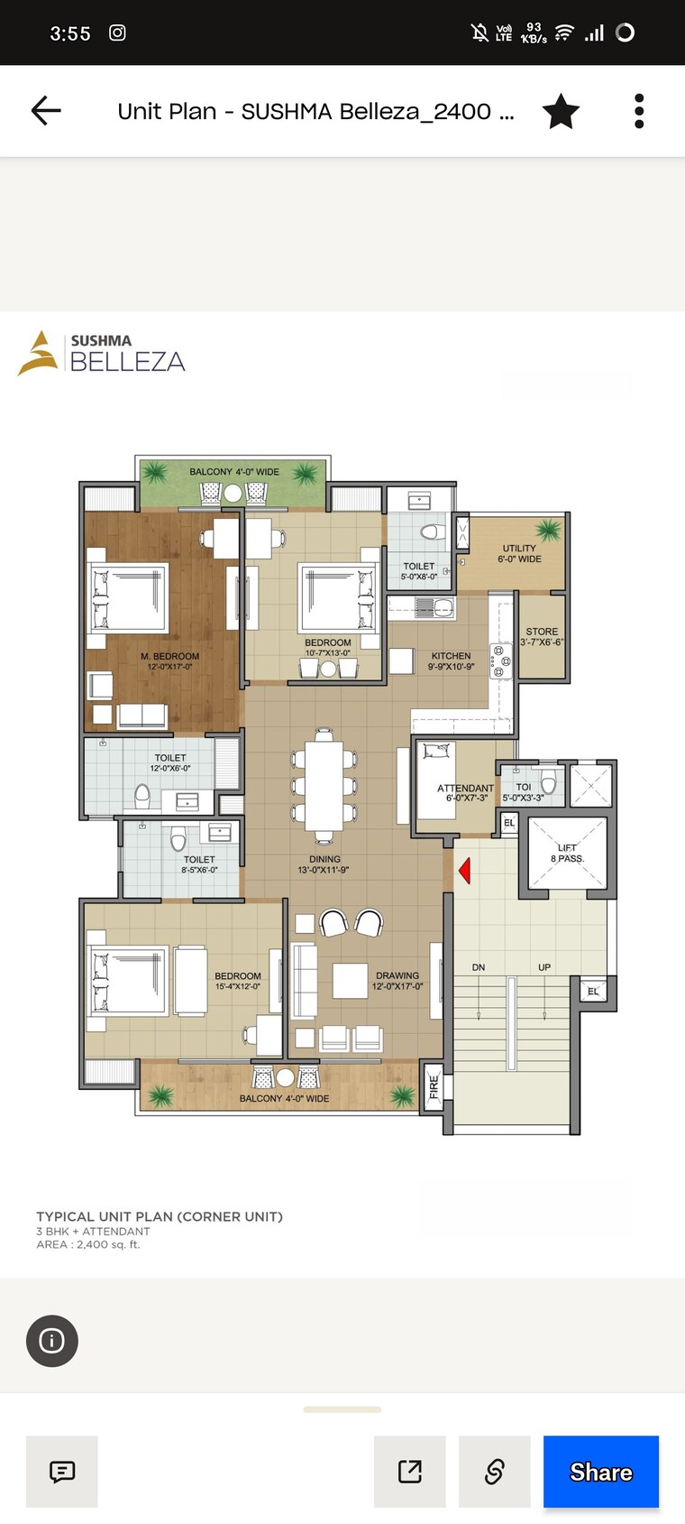 Floor Plan, sushma-belleza 4 Bedroom 3400 Sq.Ft. Apartment In International Airport Road Zirakpur 8858594