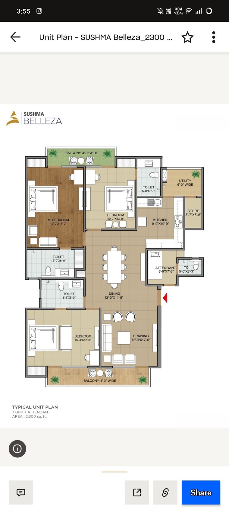 Floor Plan, sushma-belleza 4 Bedroom 3400 Sq.Ft. Apartment In International Airport Road Zirakpur 8858594