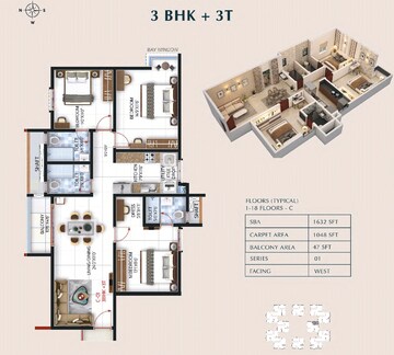 Floor Plan in 3 BHK Apartment at SBR One Residence, Whitefield – for Sale