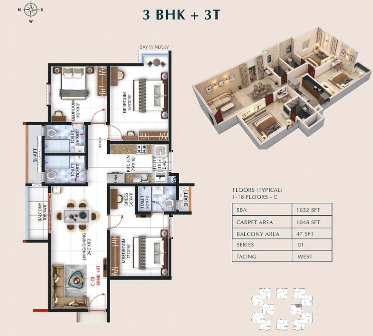 Floor Plan, sbr-one-residence 3 Bedroom 1628 Sq.Ft. Apartment In Whitefield Bangalore 8862328