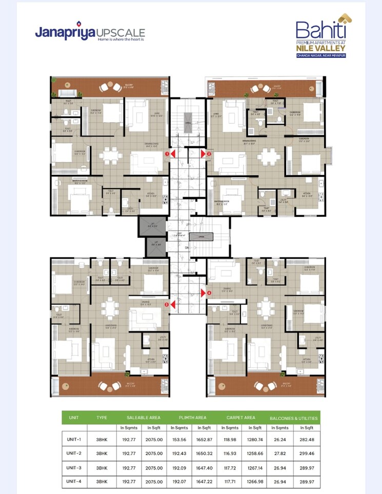 Floor Plan, janapriya-nile-valley 3 Bedroom 1340 Sq.Ft. Apartment In Madinaguda Hyderabad 8863573