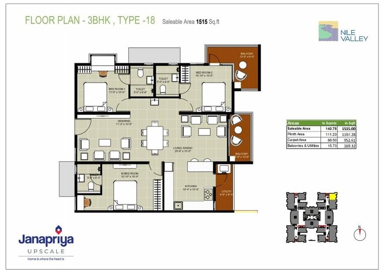 Floor Plan, janapriya-nile-valley 3 Bedroom 1340 Sq.Ft. Apartment In Madinaguda Hyderabad 8863573