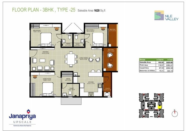 Floor Plan, janapriya-nile-valley 3 Bedroom 1570 Sq.Ft. Apartment In Madinaguda Hyderabad 8863802