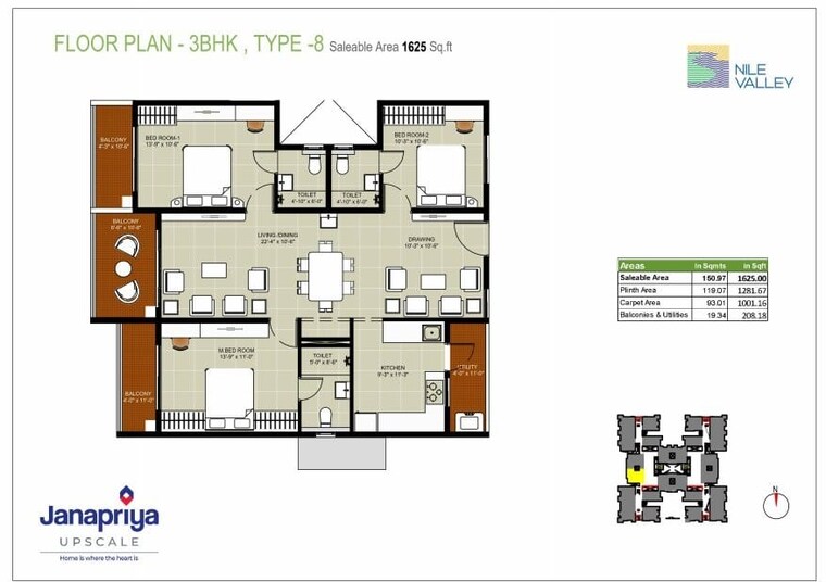 Floor Plan, janapriya-nile-valley 3 Bedroom 1625 Sq.Ft. Apartment In Madinaguda Hyderabad 8864075