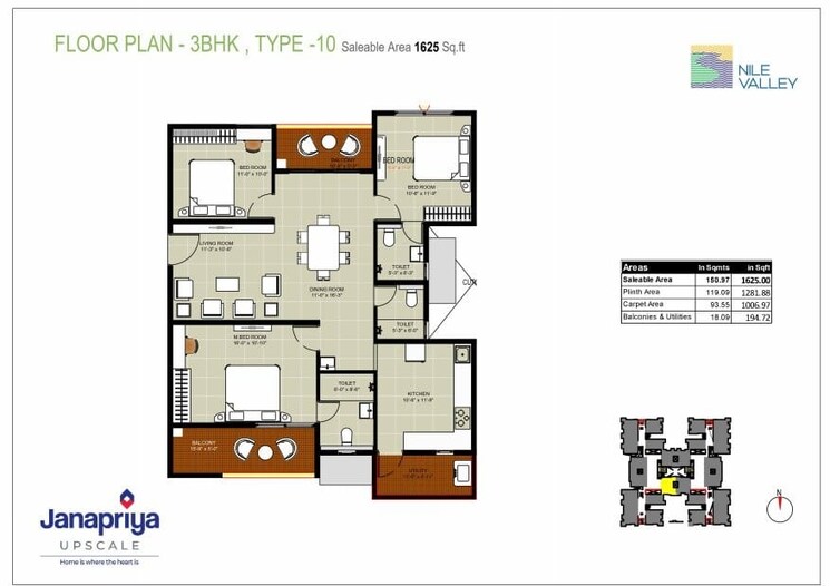 Floor Plan, janapriya-nile-valley 3 Bedroom 1625 Sq.Ft. Apartment In Madinaguda Hyderabad 8864075
