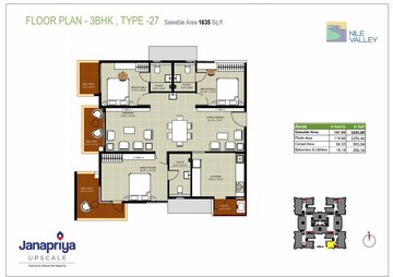 Floor Plan in 3 BHK Apartment at Janapriya Nile valley, Madinaguda – for Sale