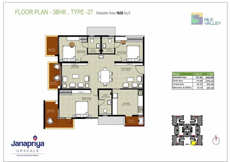 Floor Plan, janapriya-nile-valley 3 Bedroom 1625 Sq.Ft. Apartment In Madinaguda Hyderabad 8864075