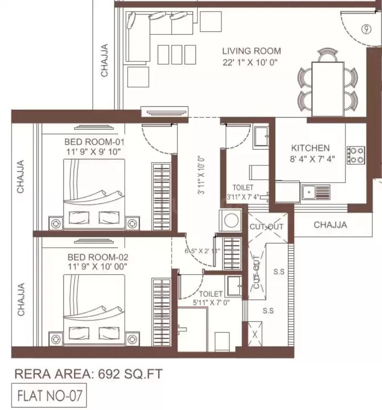 Floor Plan, suraj-vitalis 3 Bedroom 884 Sq.Ft. Apartment In Mahim Mumbai 8874612
