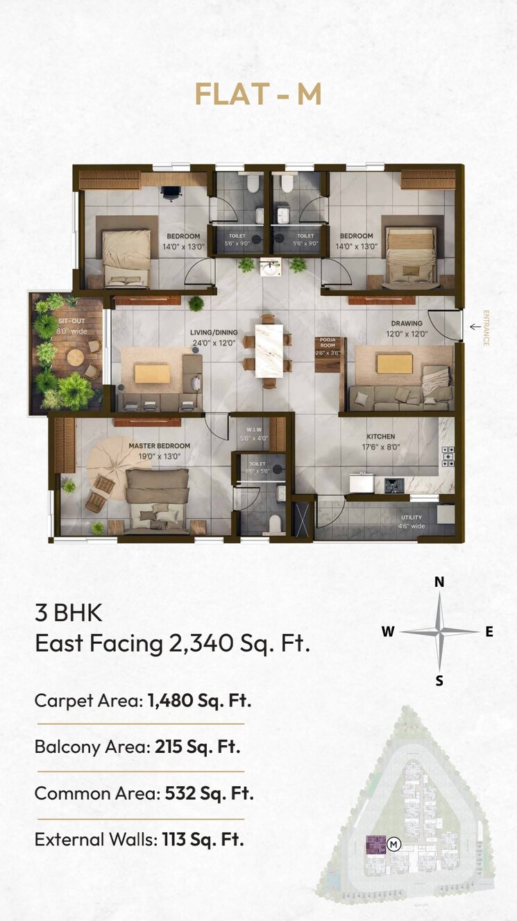 Floor Plan, vian-mrida 3 Bedroom 1940 Sq.Ft. Apartment In Kollur Hyderabad 8880274