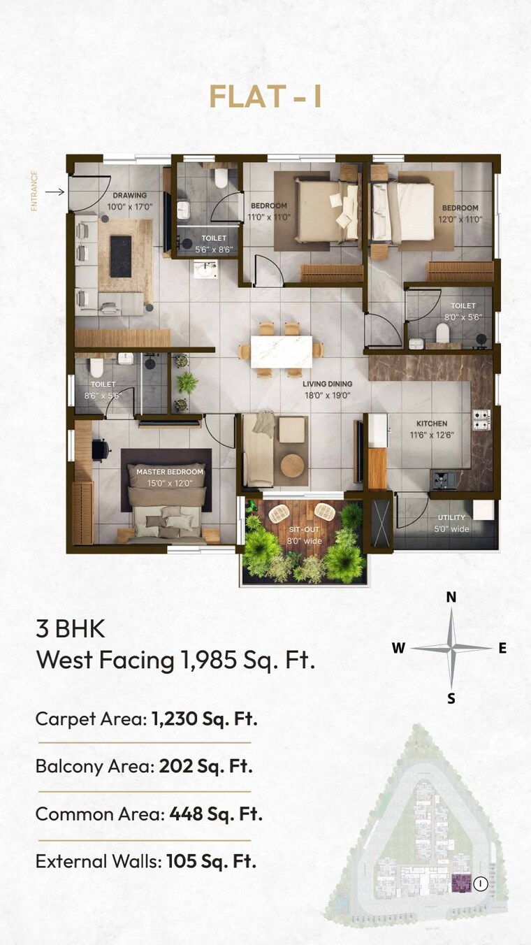 Floor Plan, vian-mrida 3 Bedroom 1940 Sq.Ft. Apartment In Kollur Hyderabad 8880274