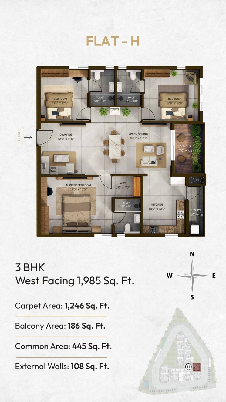 Floor Plan, vian-mrida 2 Bedroom 1395 Sq.Ft. Apartment In Kollur Hyderabad 8880292