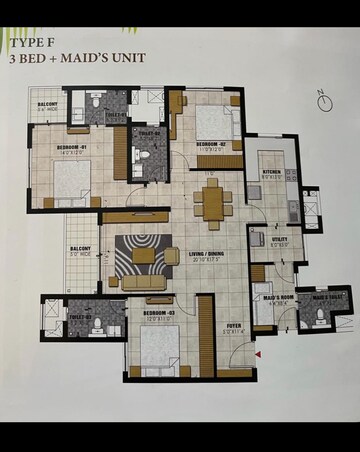 Floor Plan in 3.5 BHK Apartment at Prestige Willow Tree, Vidyaranyapura – for Rent