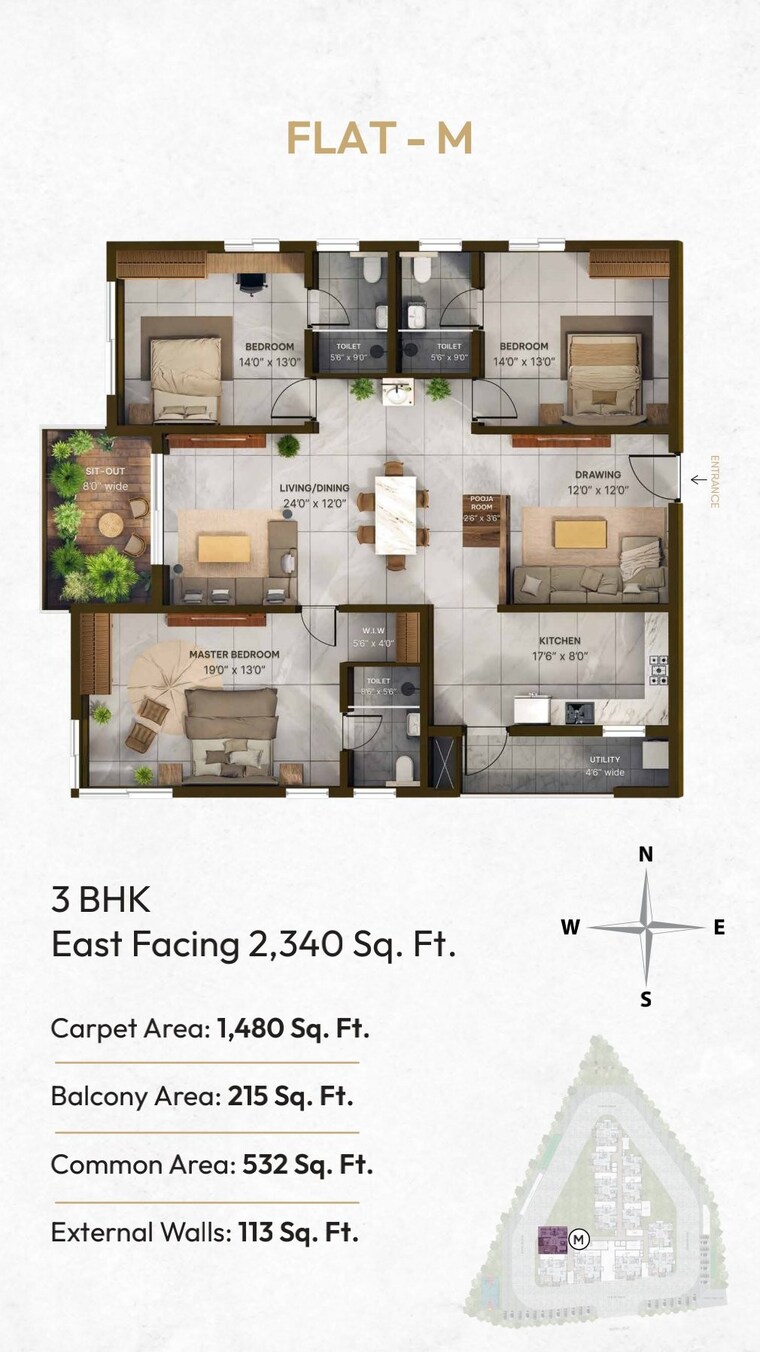 Floor Plan, vian-mrida 3 Bedroom 1740 Sq.Ft. Apartment In Kollur Hyderabad 8888129