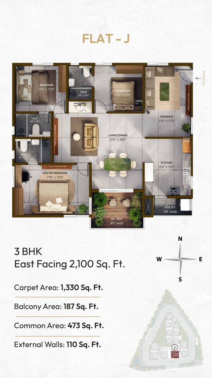 Floor Plan, vian-mrida 3 Bedroom 1740 Sq.Ft. Apartment In Kollur Hyderabad 8888129