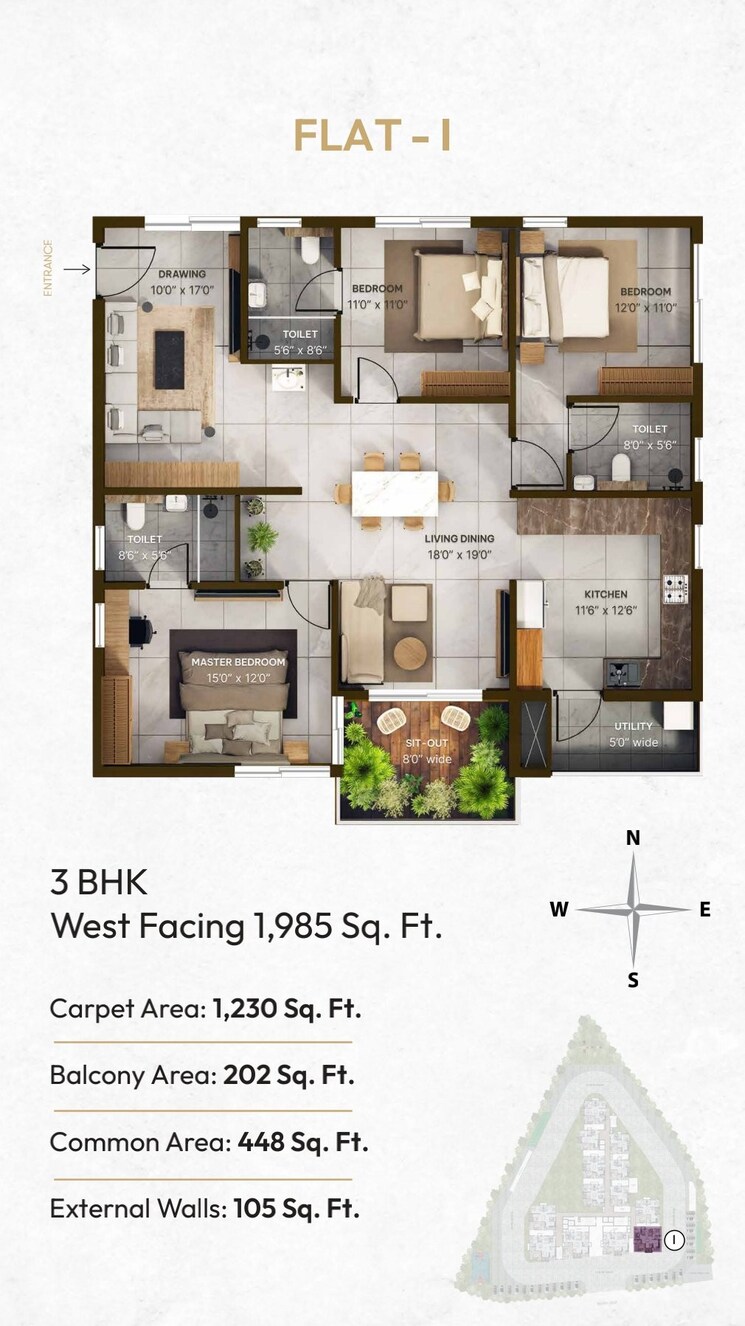 Floor Plan, vian-mrida 3 Bedroom 1740 Sq.Ft. Apartment In Kollur Hyderabad 8888129