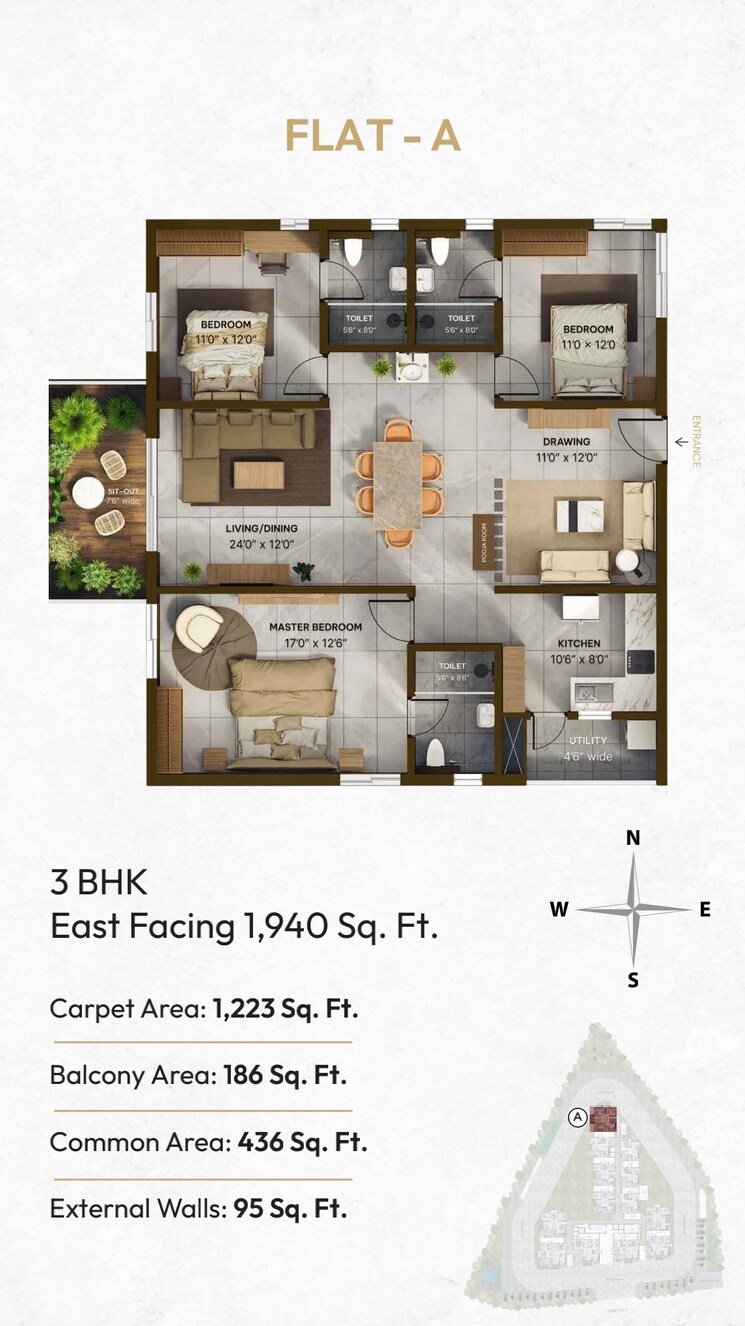 Floor Plan, vian-mrida 3 Bedroom 1740 Sq.Ft. Apartment In Kollur Hyderabad 8888129