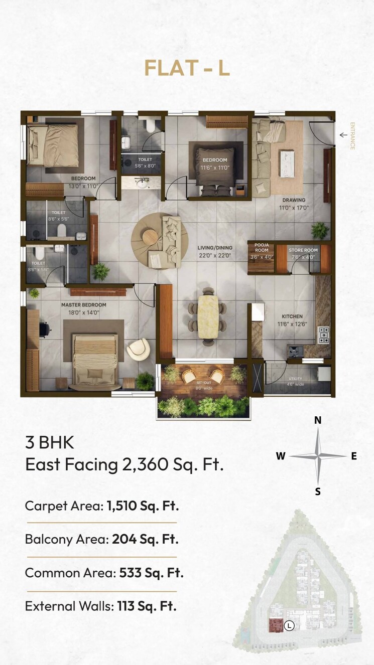 Floor Plan, vian-mrida 3 Bedroom 1985 Sq.Ft. Apartment In Kollur Hyderabad 8888134