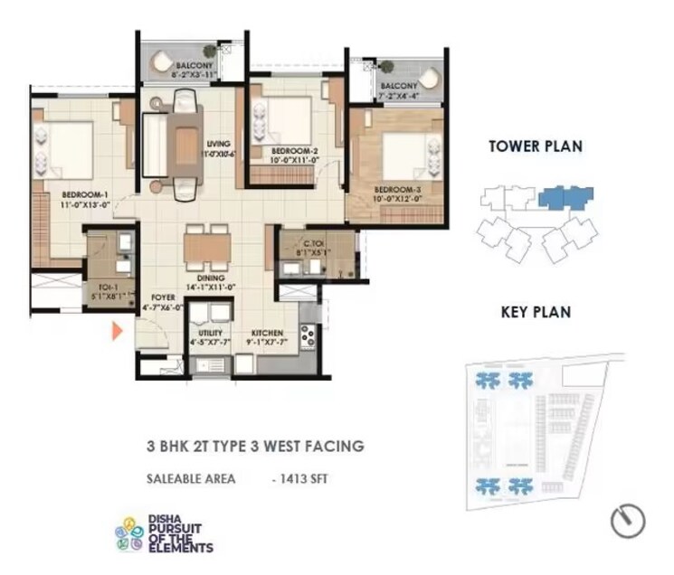 Floor Plan, disha-pursuit-of-the-elements 3 Bedroom 1413 Sq.Ft. Apartment In Thippasandra Bangalore 8888382