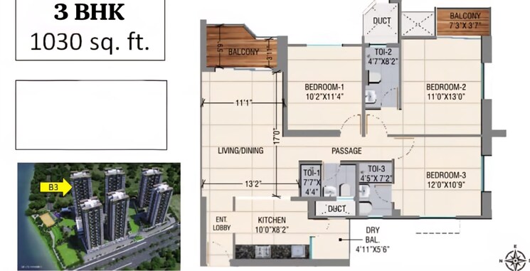 Floor Plan, avon-vista 3 Bedroom 1030 Sq.Ft. Apartment In Balewadi Pune 8889140