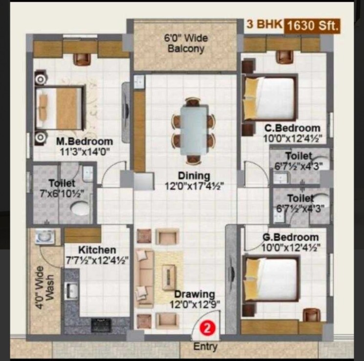 Floor Plan, rr-tropicana 3 Bedroom 1630 Sq.Ft. Apartment In Narsingi Hyderabad 8890232