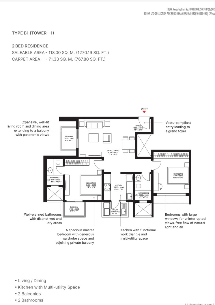 Floor Plan, sobha-aurum 2 Bedroom 1270 Sq.Ft. Apartment In Sector 36 Greater Noida Greater Noida 8895489