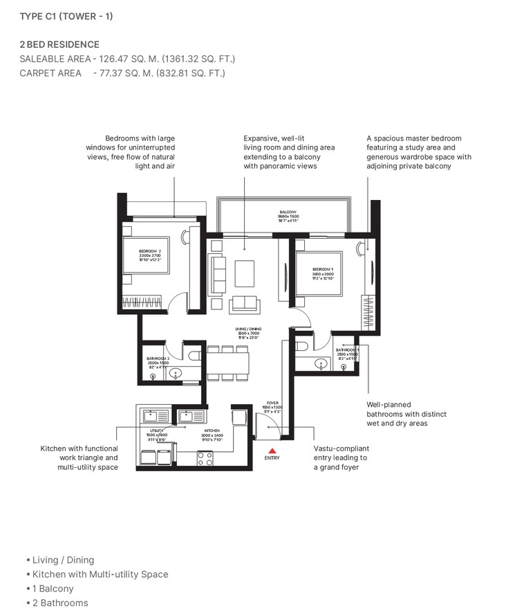 Floor Plan, sobha-aurum 2 Bedroom 1361 Sq.Ft. Apartment In Sector 36 Greater Noida Greater Noida 8895514