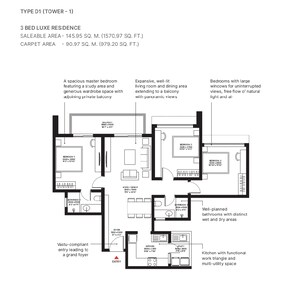 Floor Plan in 3 BHK Apartment at Sobha Aurum, Sector 36 Greater Noida – for Sale