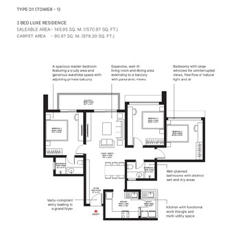 Floor Plan in 3 BHK Apartment at Sobha Aurum, Sector 36 Greater Noida – for Sale