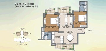 Floor Plan in 2 BHK Apartment at BPTP The Resort, Sector 75 – for Rent